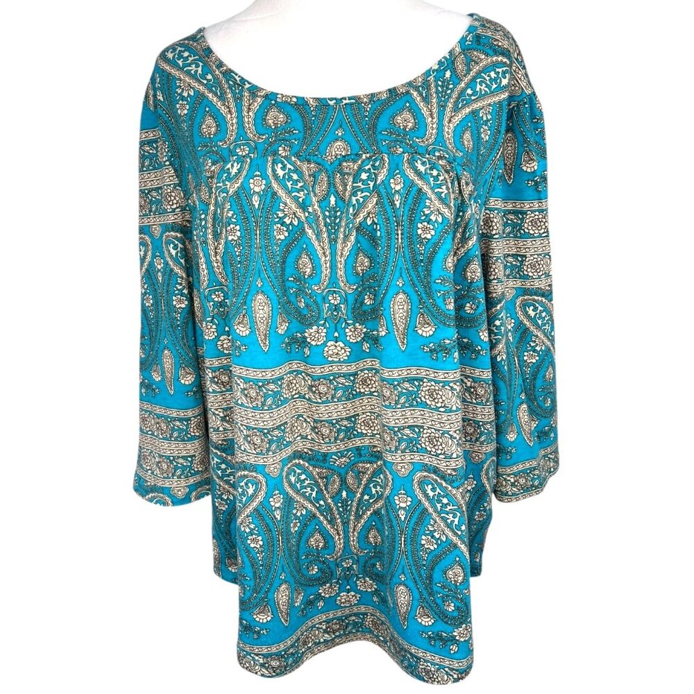 Teal Paisley Blouse 3/4 Sleeve Scoop Neck Top Size Large